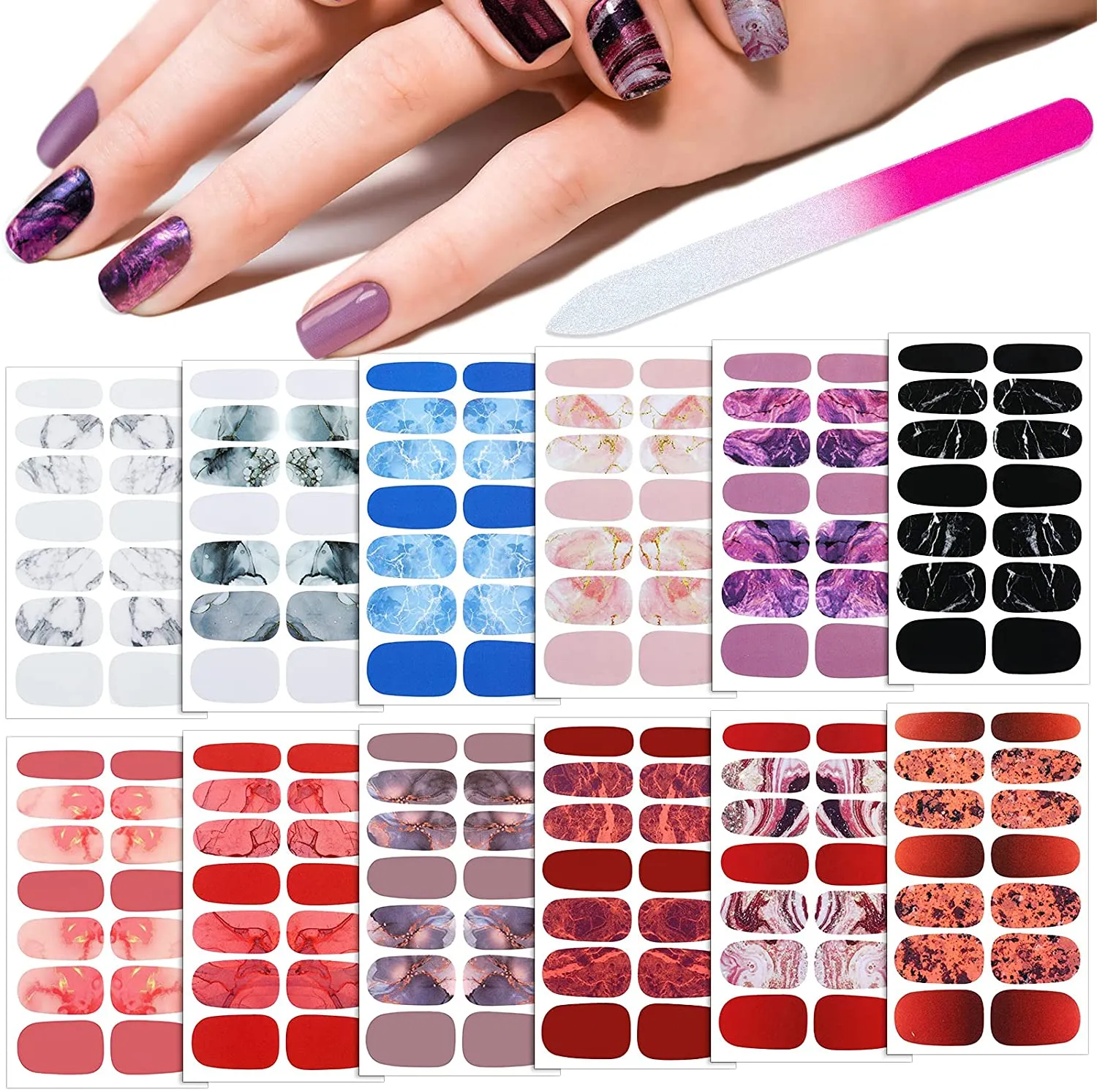168 Pieces 12 Sheets Gradient Marble Full Nail Stickers Marble Printed Full Wrap Nail Stickers Self-Adhesive Nail Art Decal Strips with Glass Nail File for Women Girls DIY Nail Art (Chic Style)