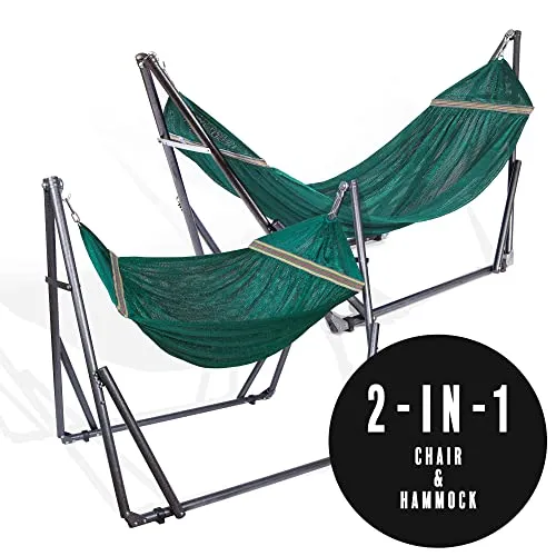 2 in 1 Hammock and Swinging Chair with Collapsible Steel Stand 450 lbs Capacity- Carrying Case, Portable & Adjustable, Perfect for Camping Beach Summer Patio, EZ Daze Foldable Hammock with Stand-GREEN