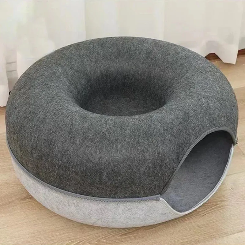 Donut Felt Cat Bed Pet Cat Tunnel Interactive Toy Dual Use Rabbit Cave Nest Indoor Cats House Kitten Funny Training Accessories