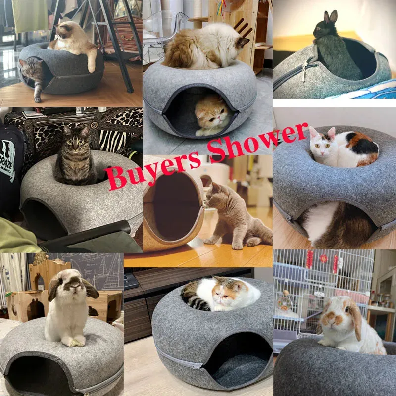 Donut Felt Cat Bed Pet Cat Tunnel Interactive Toy Dual Use Rabbit Cave Nest Indoor Cats House Kitten Funny Training Accessories