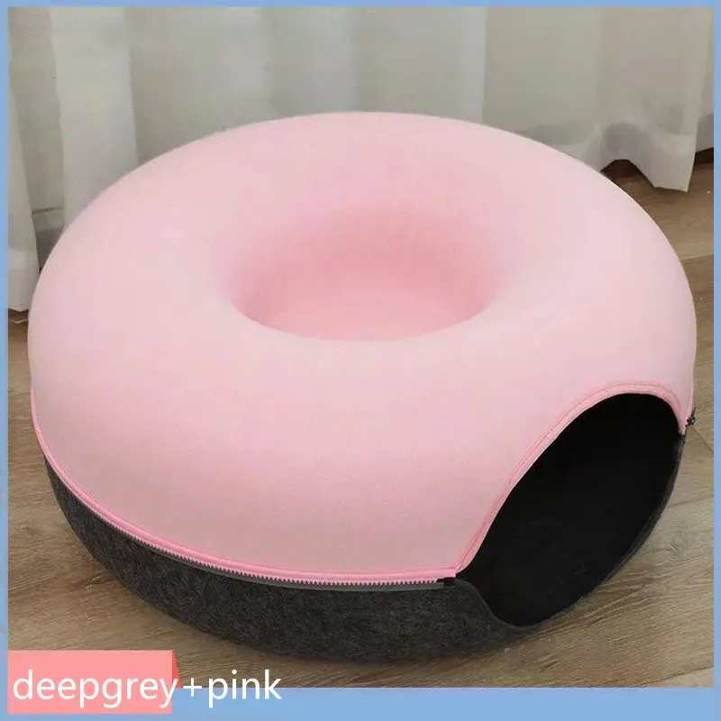 Donut Felt Cat Bed Pet Cat Tunnel Interactive Toy Dual Use Rabbit Cave Nest Indoor Cats House Kitten Funny Training Accessories