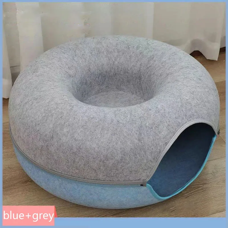 Donut Felt Cat Bed Pet Cat Tunnel Interactive Toy Dual Use Rabbit Cave Nest Indoor Cats House Kitten Funny Training Accessories