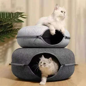 Donut Felt Cat Bed Pet Cat Tunnel Interactive Toy Dual Use Rabbit Cave Nest Indoor Cats House Kitten Funny Training Accessories