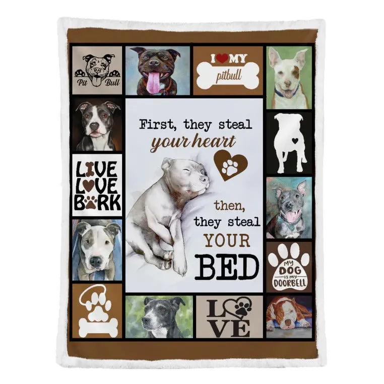 First They Steal Your Heart Pitbull Dog Fleece Blanket Gift For People Home Decor Bedding Couch Sofa Soft And Comfy Cozy