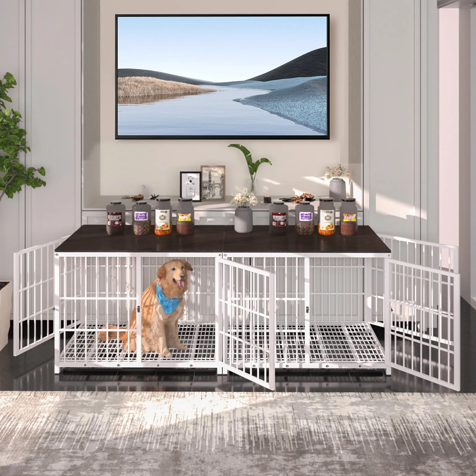 Furniture Style Wooden Dog Crate Pet Kennel End Table with Three Doors and Tray