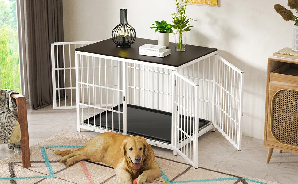 Furniture Style Wooden Dog Crate Pet Kennel End Table with Three Doors and Tray