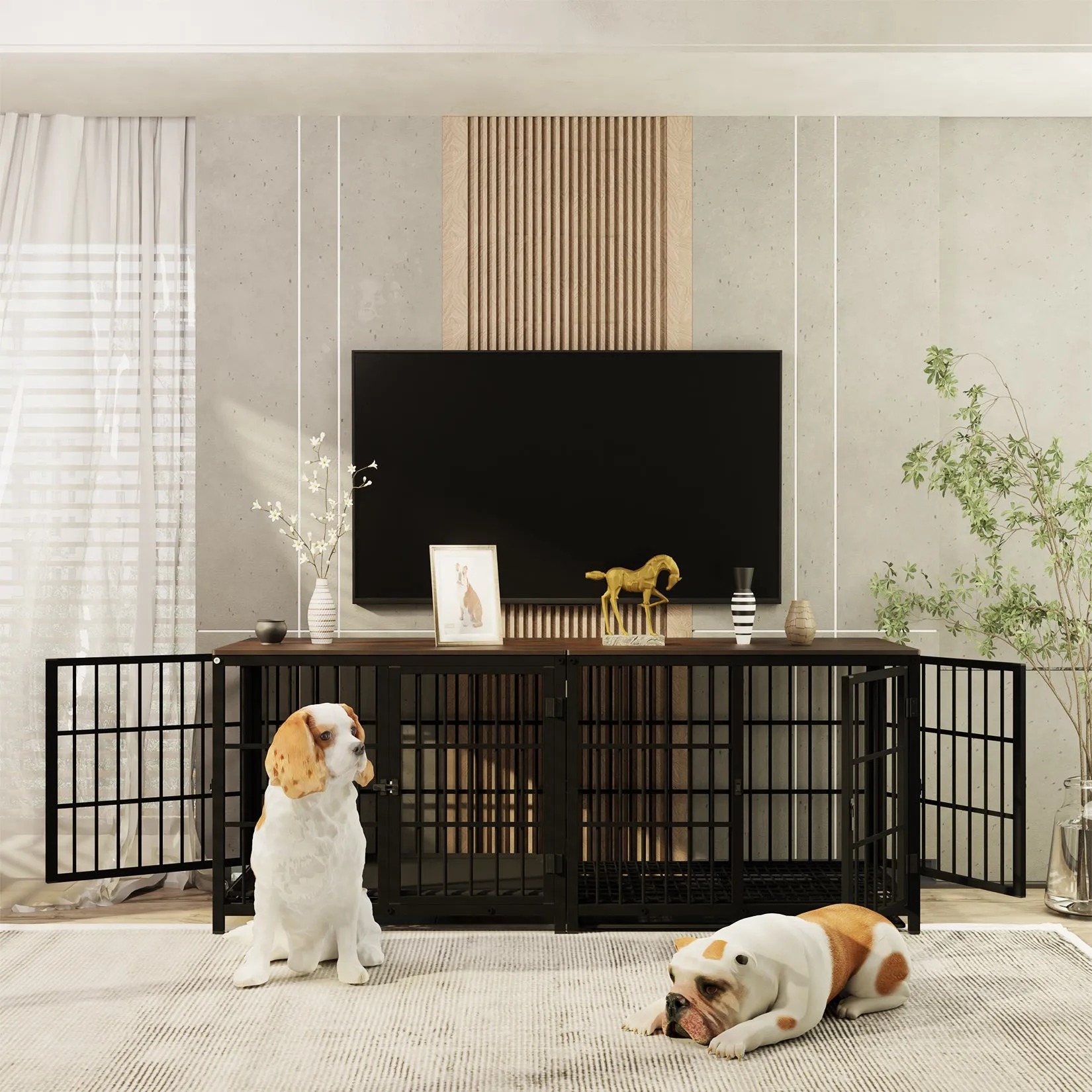 Furniture Style Wooden Dog Crate Pet Kennel End Table with Three Doors and Tray