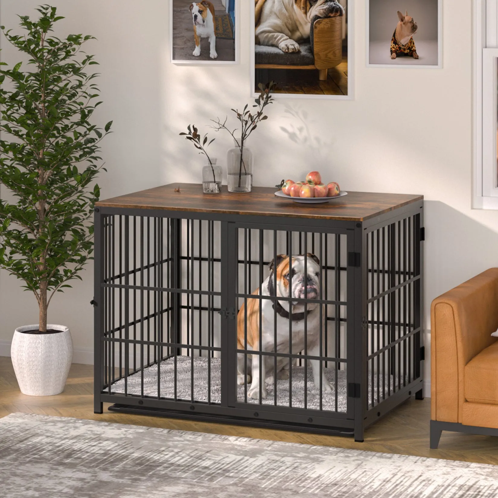 Furniture Style Wooden Dog Crate Pet Kennel End Table with Three Doors and Tray