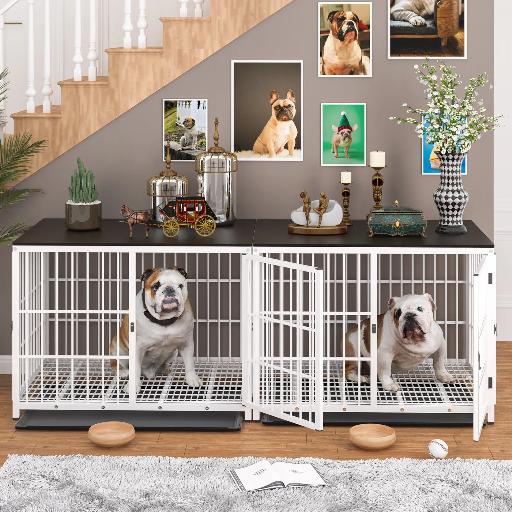 Furniture Style Wooden Dog Crate Pet Kennel End Table with Three Doors and Tray