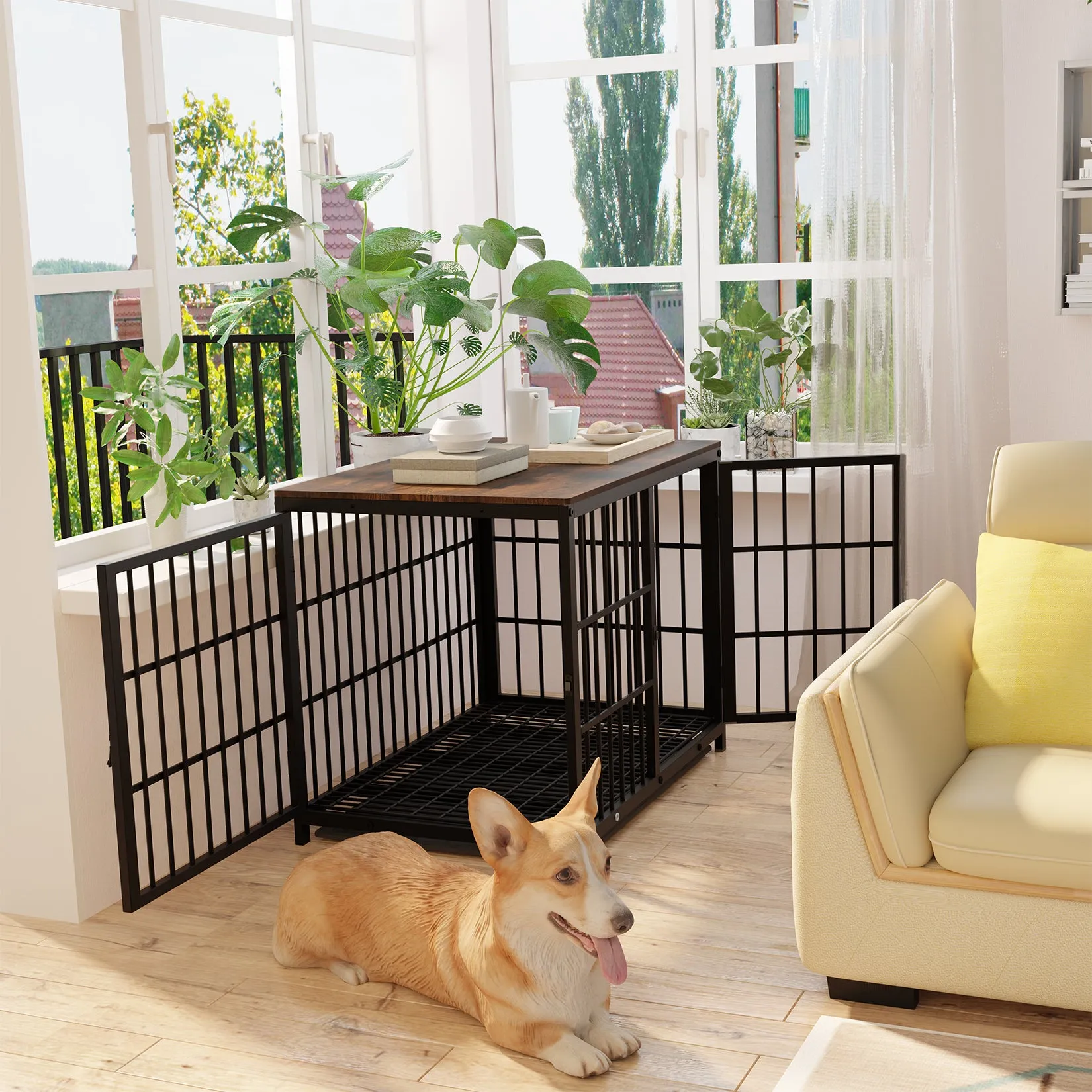Furniture Style Wooden Dog Crate Pet Kennel End Table with Three Doors and Tray