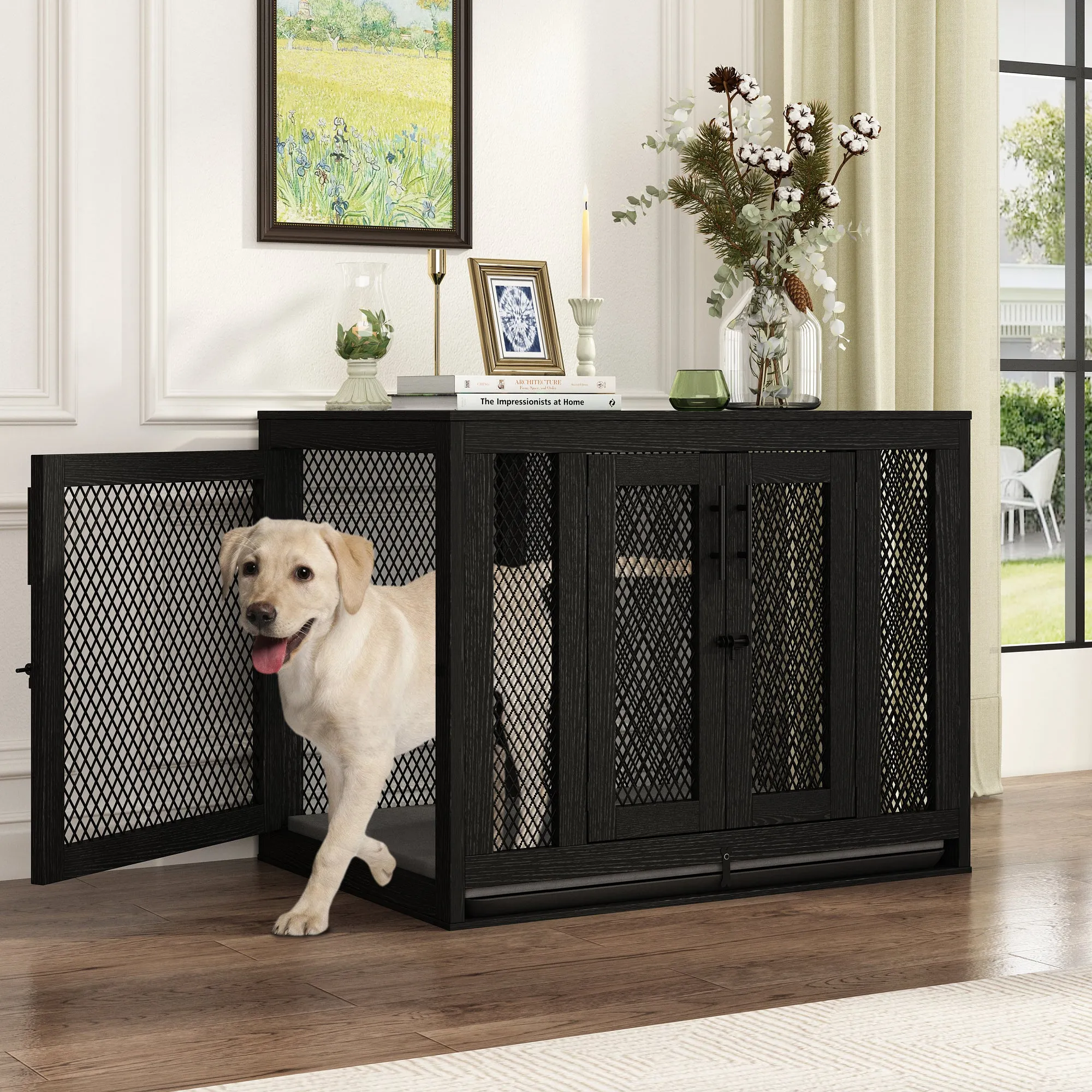 Indoor Pet Kennel Side Table with Cushion and Tray