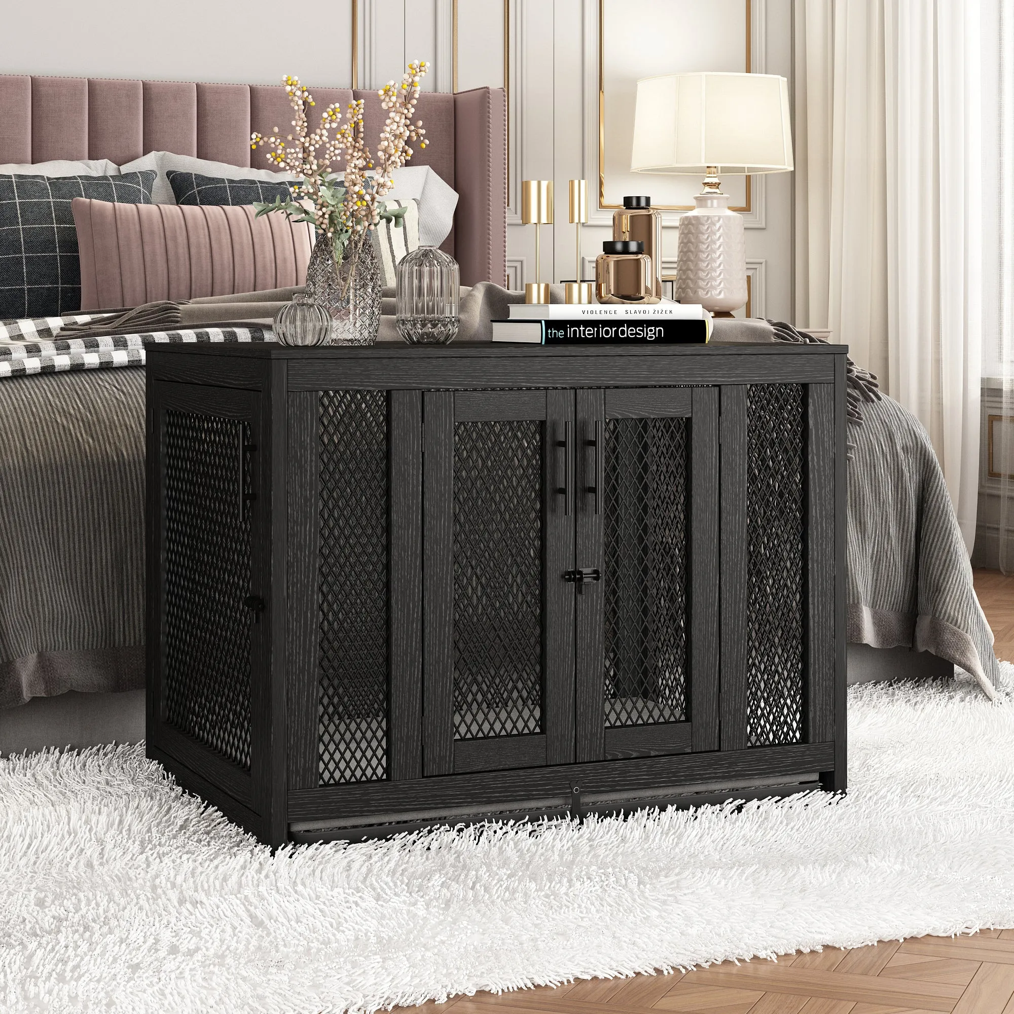 Indoor Pet Kennel Side Table with Cushion and Tray
