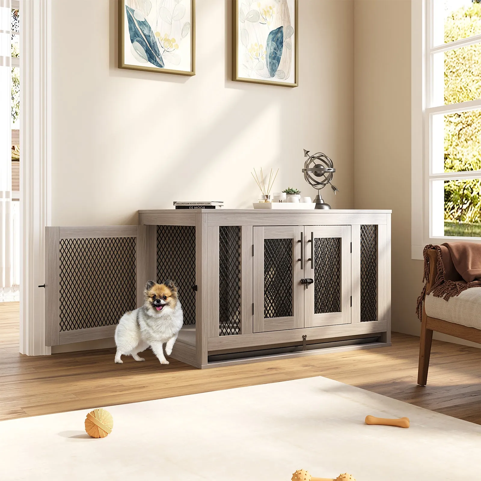 Indoor Pet Kennel Side Table with Cushion and Tray