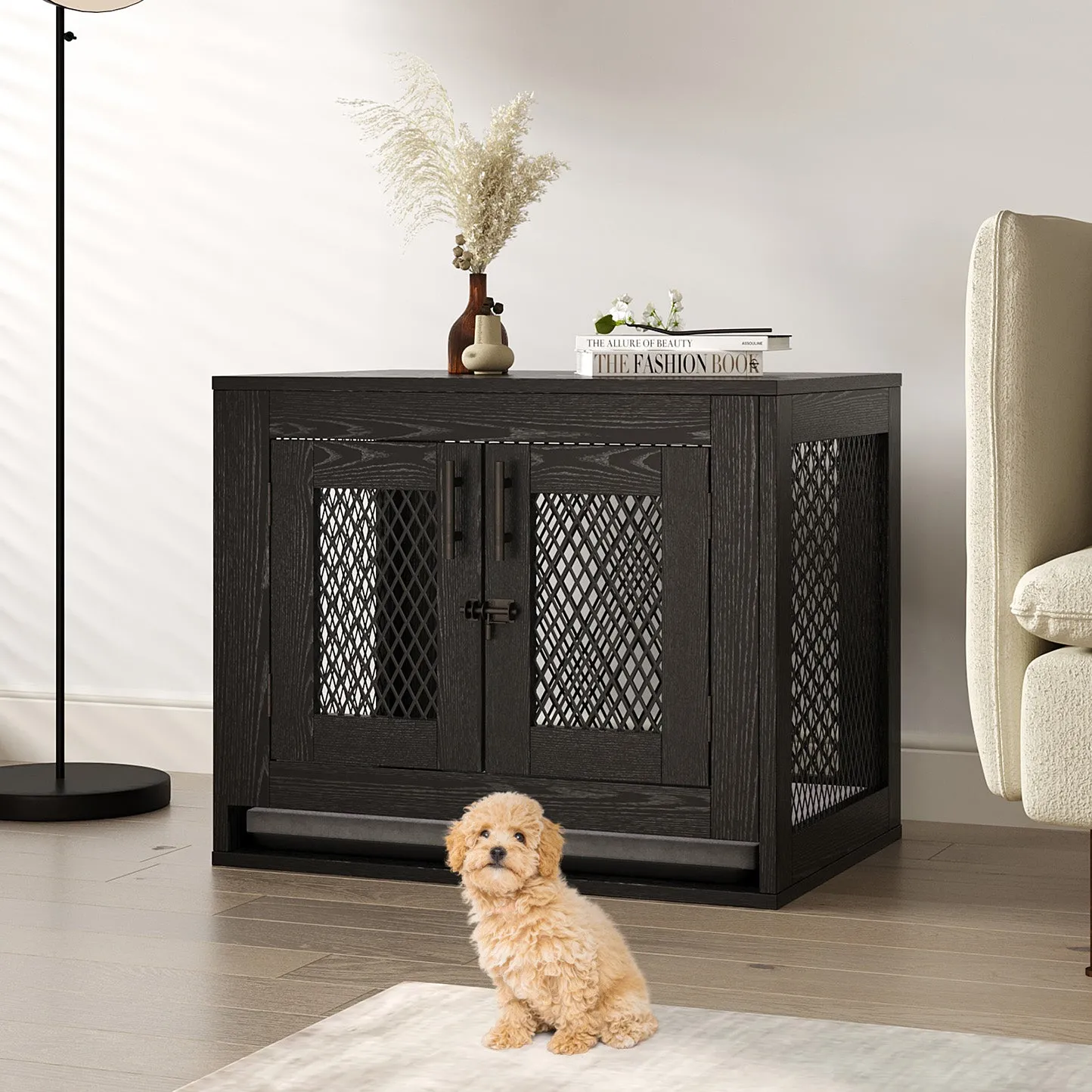 Indoor Pet Kennel Side Table with Cushion and Tray