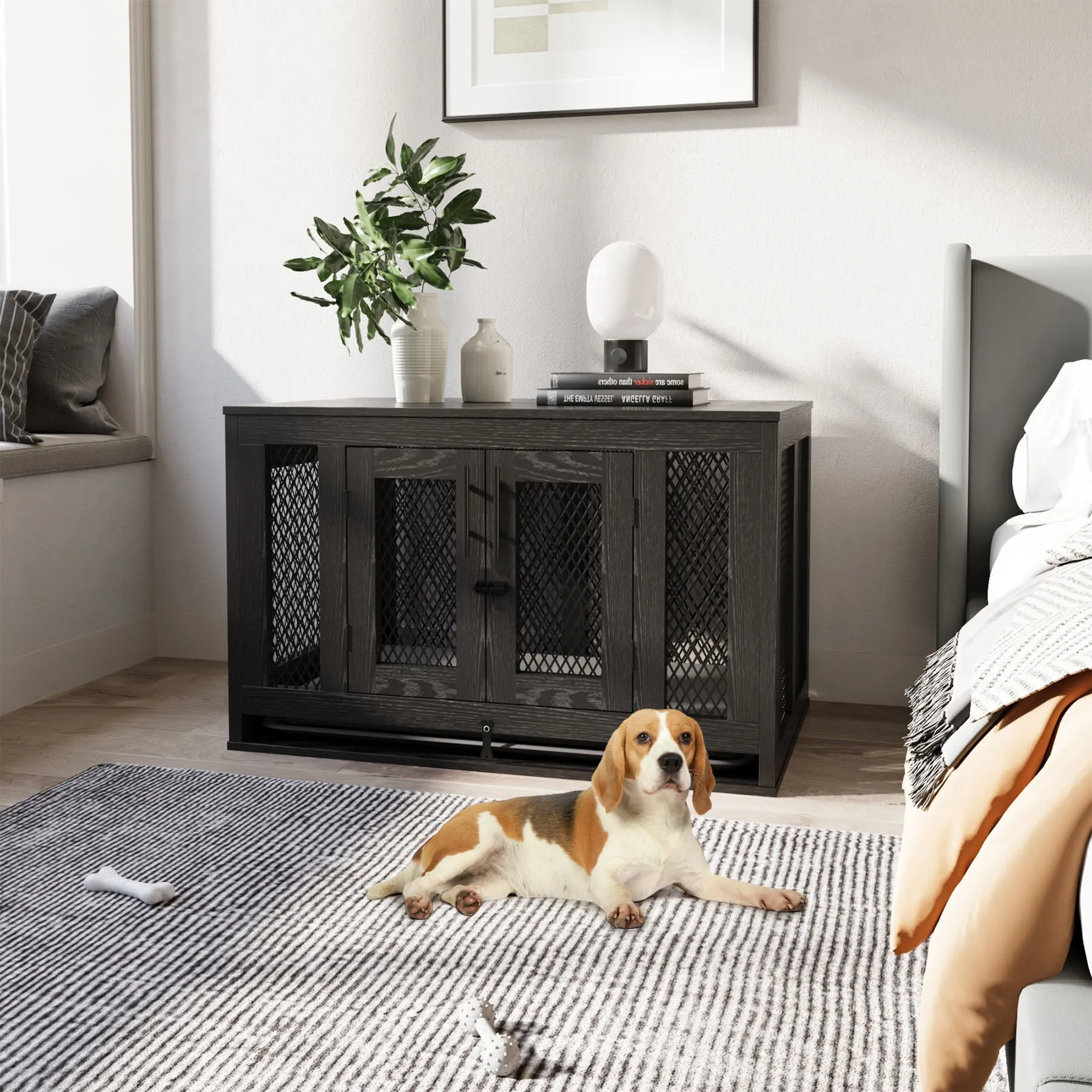 Indoor Pet Kennel Side Table with Cushion and Tray