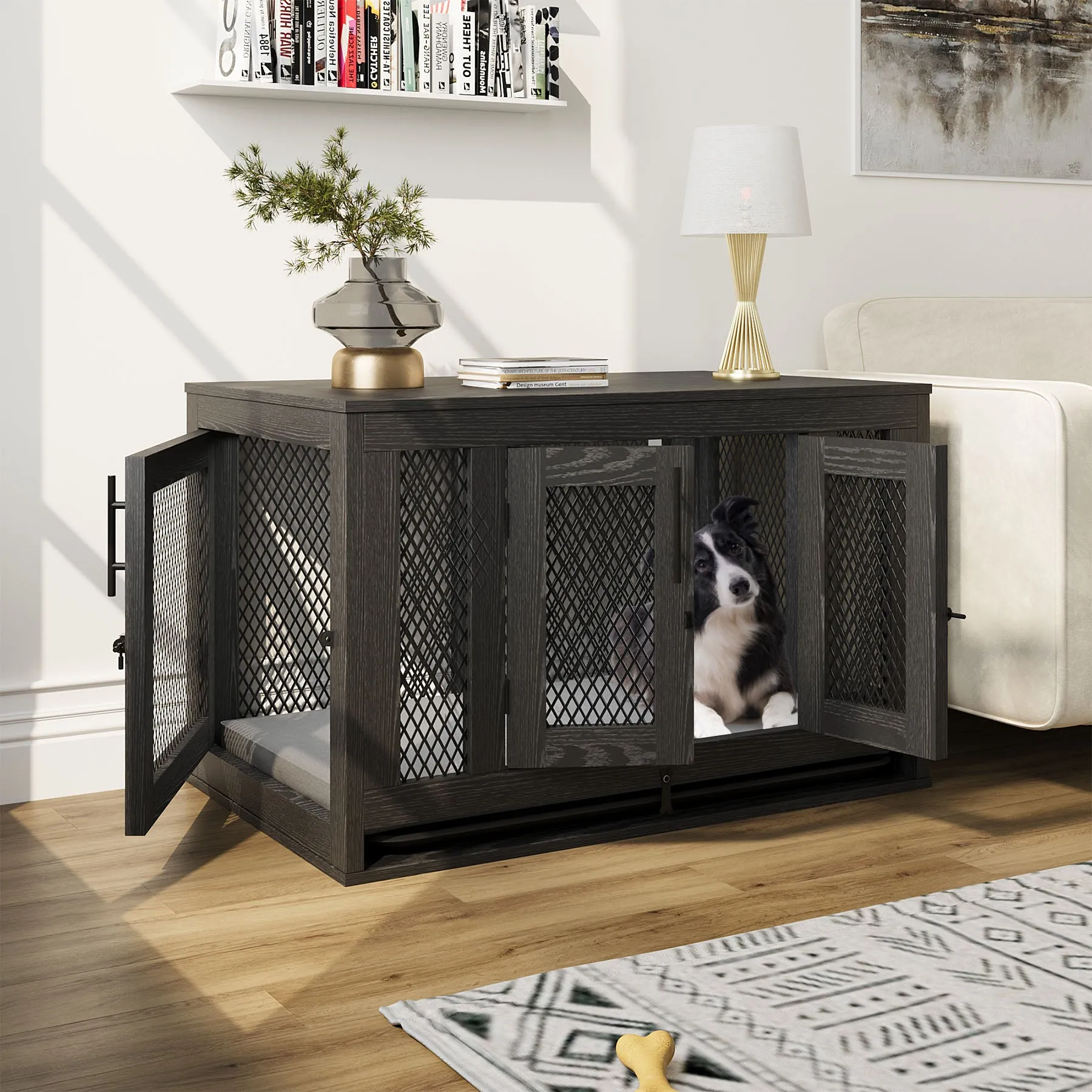 Indoor Pet Kennel Side Table with Cushion and Tray