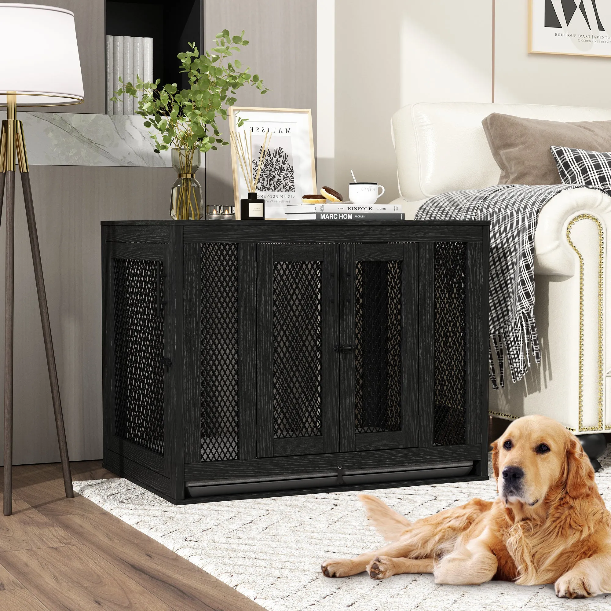 Indoor Pet Kennel Side Table with Cushion and Tray