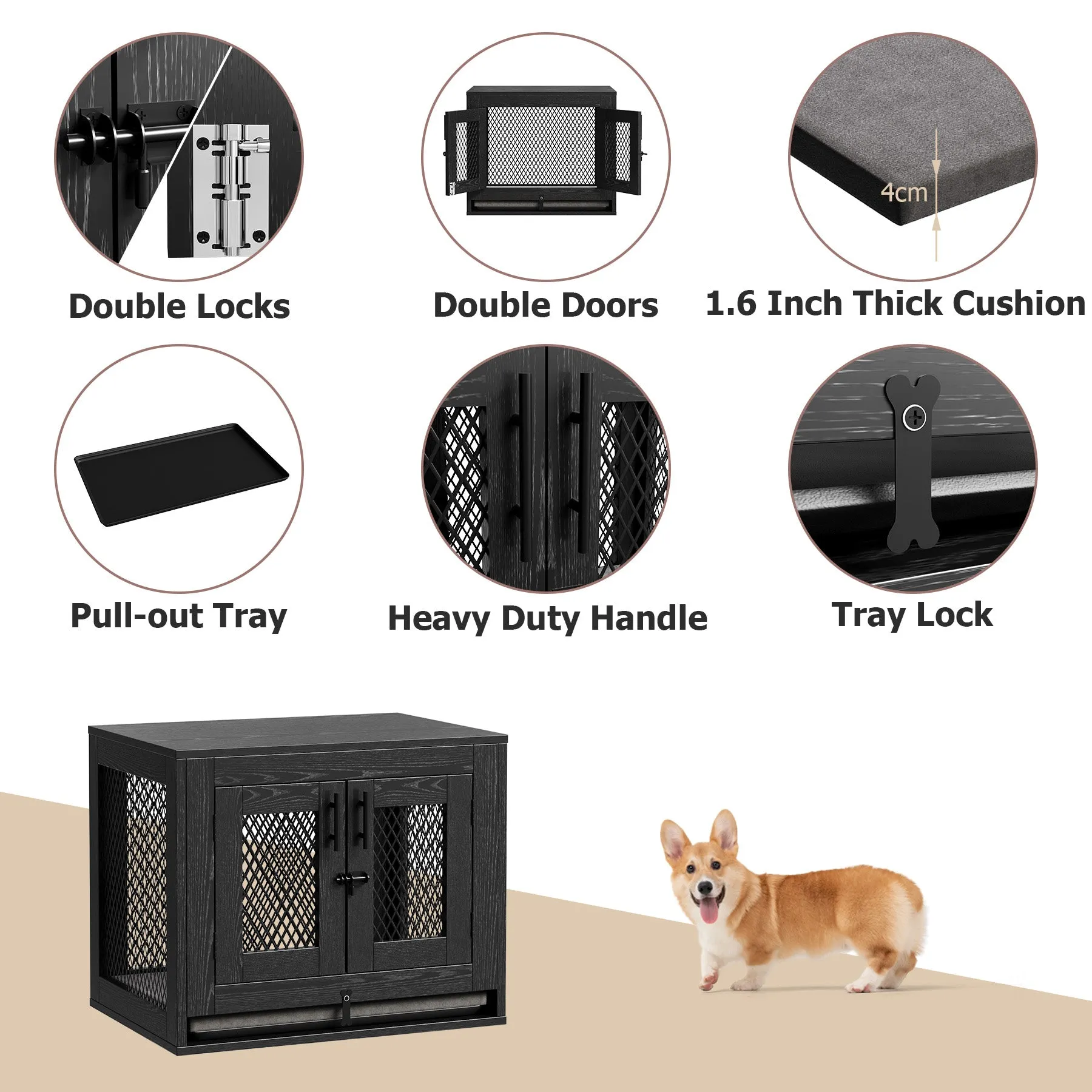 Indoor Pet Kennel Side Table with Cushion and Tray
