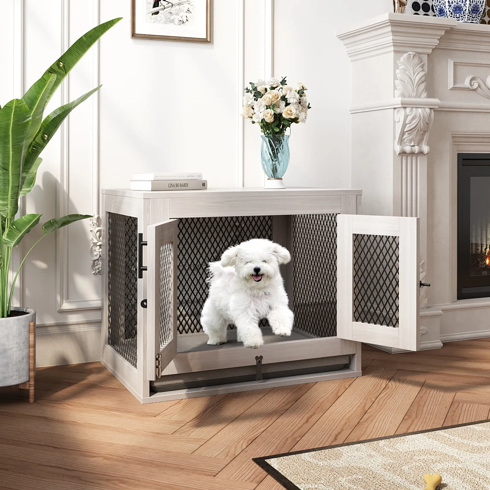 Indoor Pet Kennel Side Table with Cushion and Tray