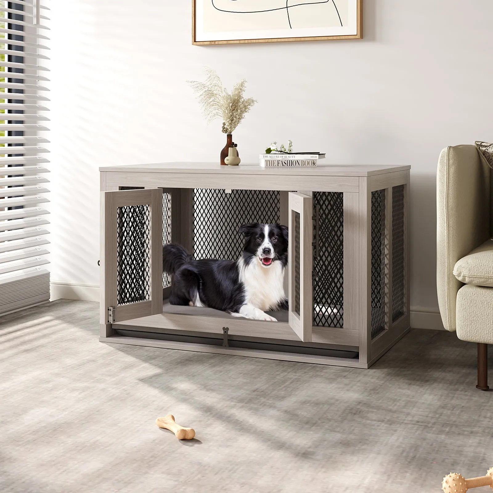 Indoor Pet Kennel Side Table with Cushion and Tray