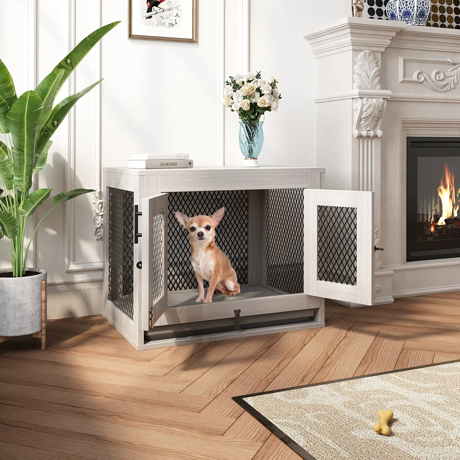 Indoor Pet Kennel Side Table with Cushion and Tray