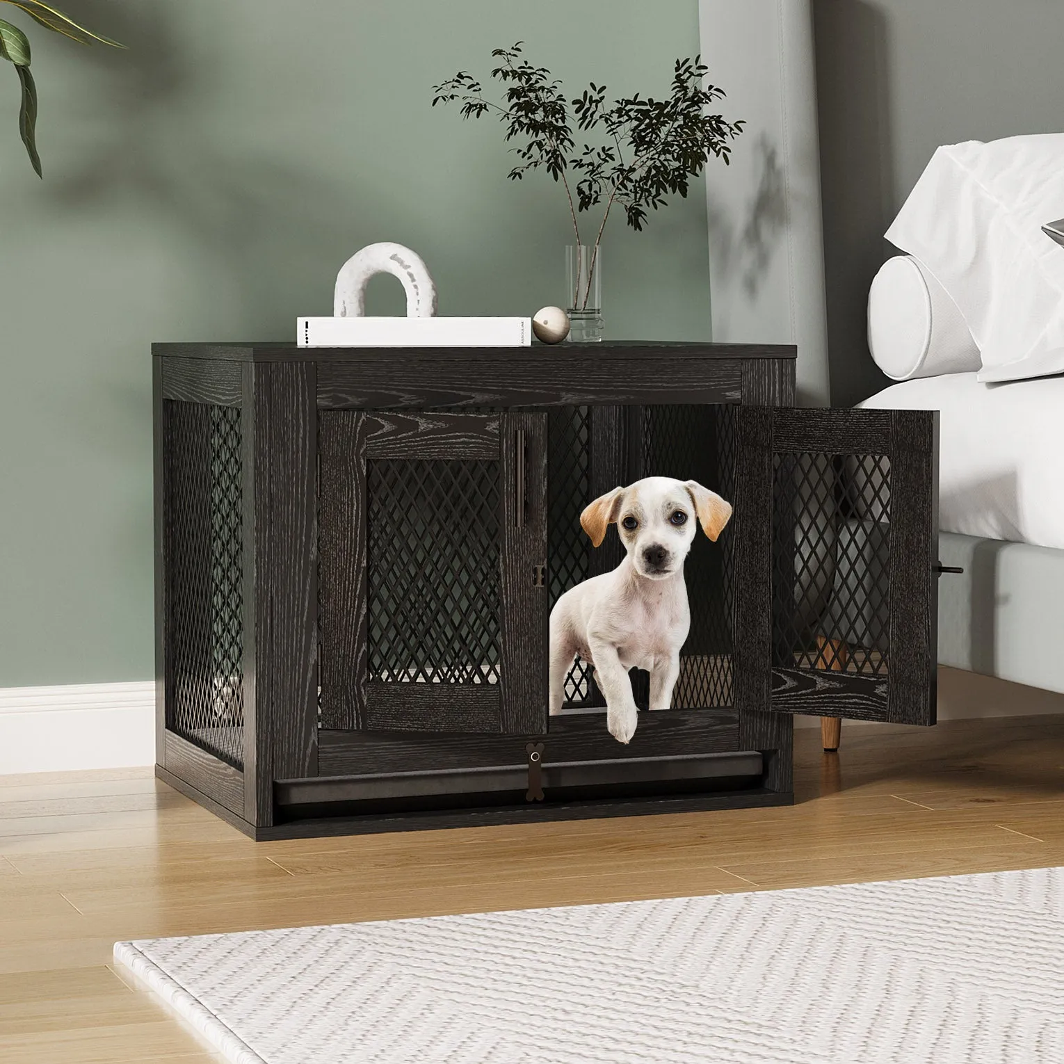 Indoor Pet Kennel Side Table with Cushion and Tray