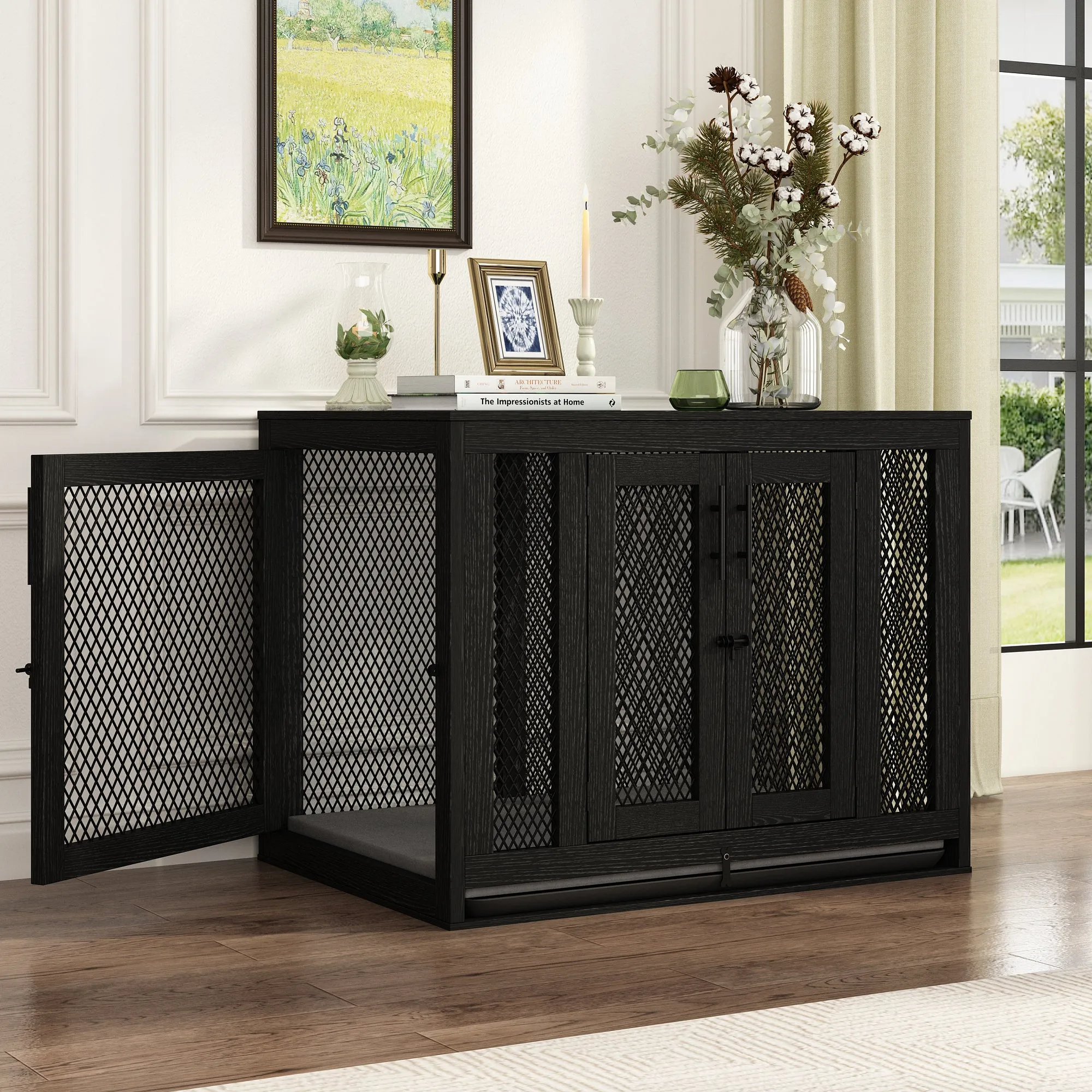 Indoor Pet Kennel Side Table with Cushion and Tray