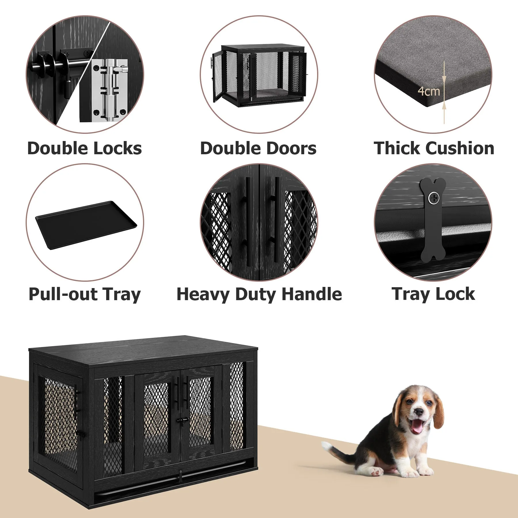 Indoor Pet Kennel Side Table with Cushion and Tray