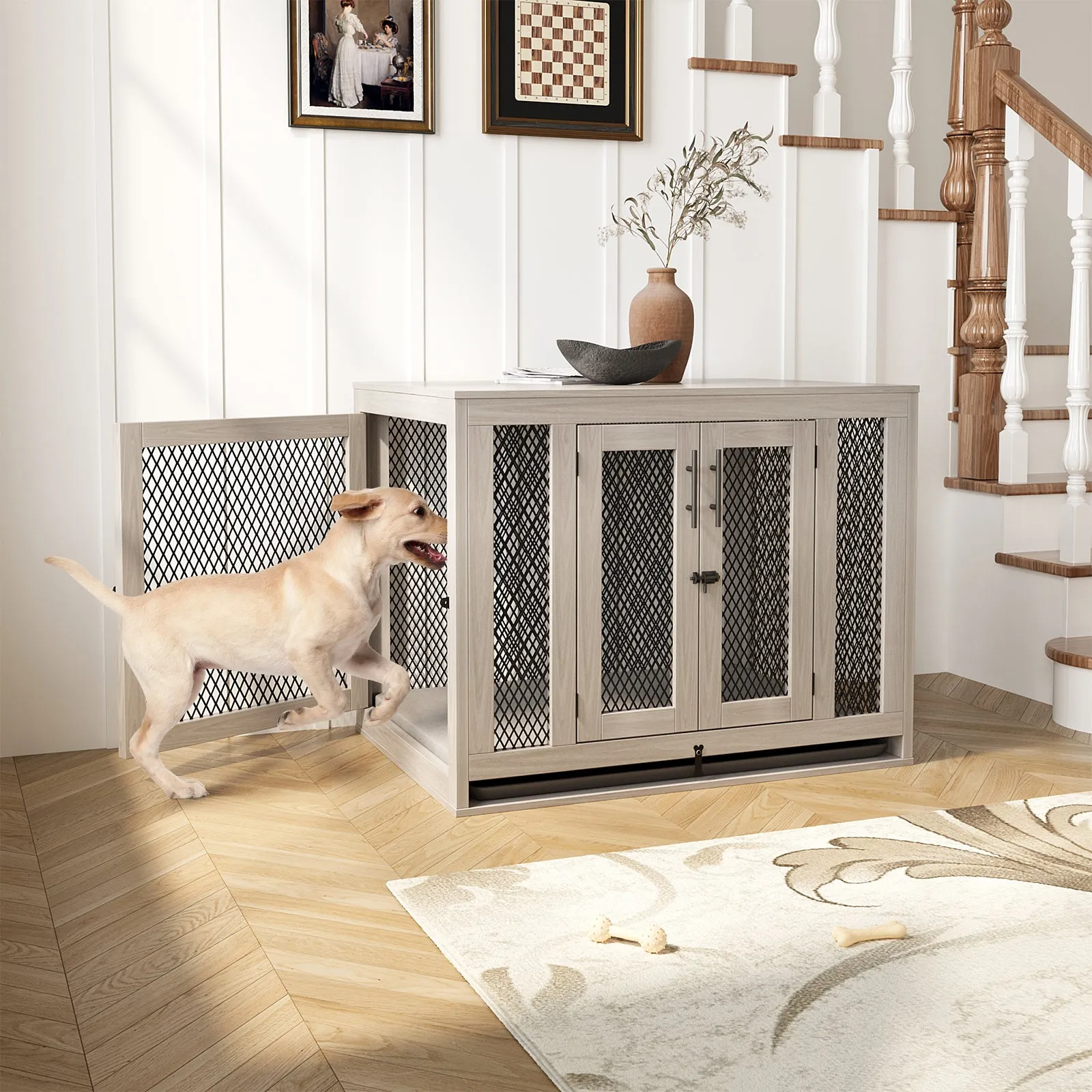 Indoor Pet Kennel Side Table with Cushion and Tray