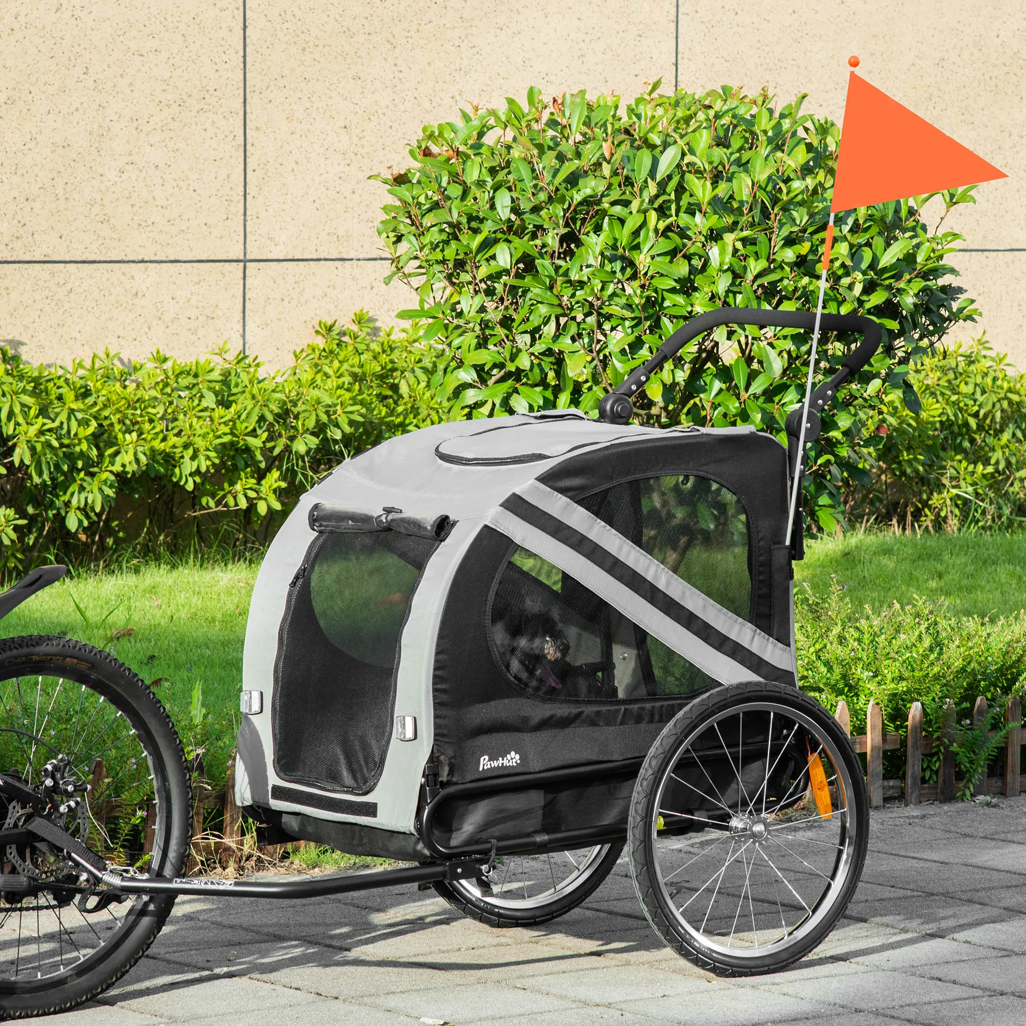 PawHut 2-In-1 Grey Dog Bike Trailer Stroller w/ Universal Wheel Reflector Flag