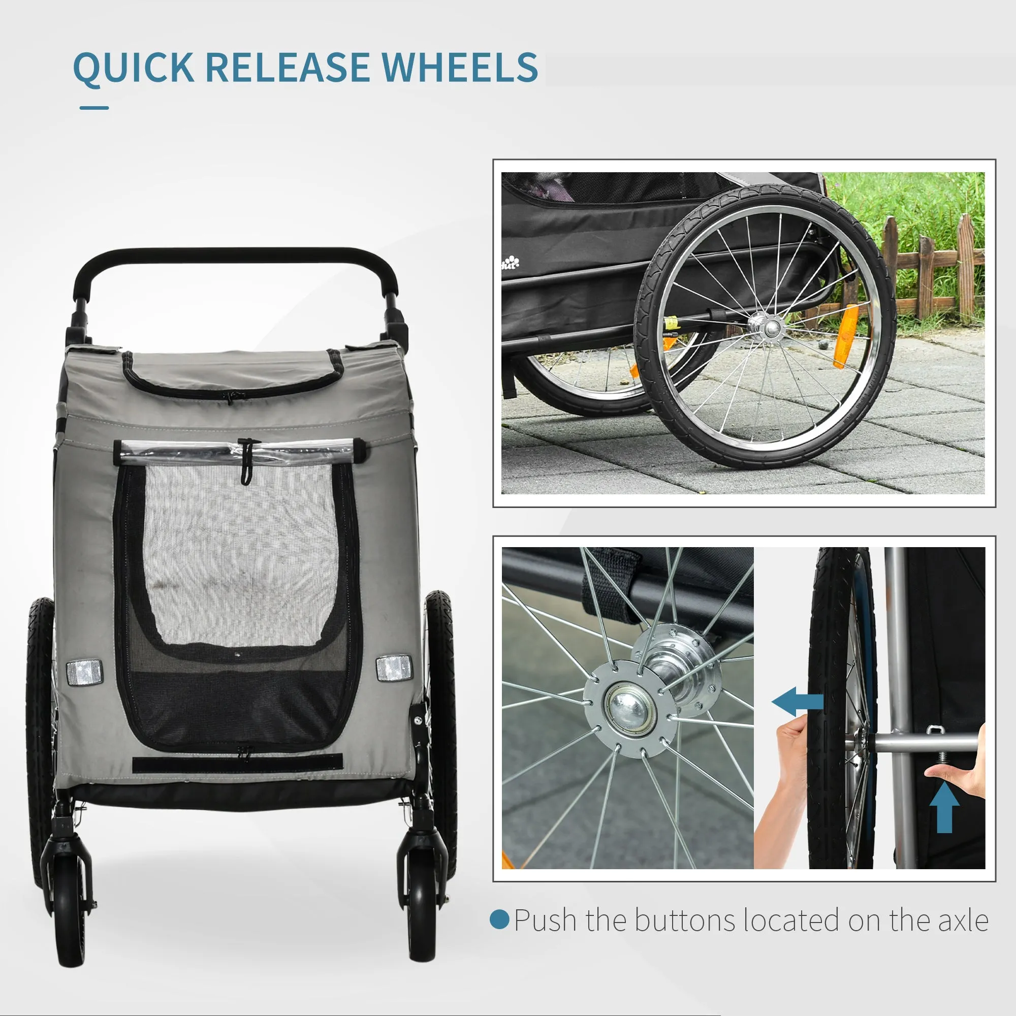 PawHut 2-In-1 Grey Dog Bike Trailer Stroller w/ Universal Wheel Reflector Flag