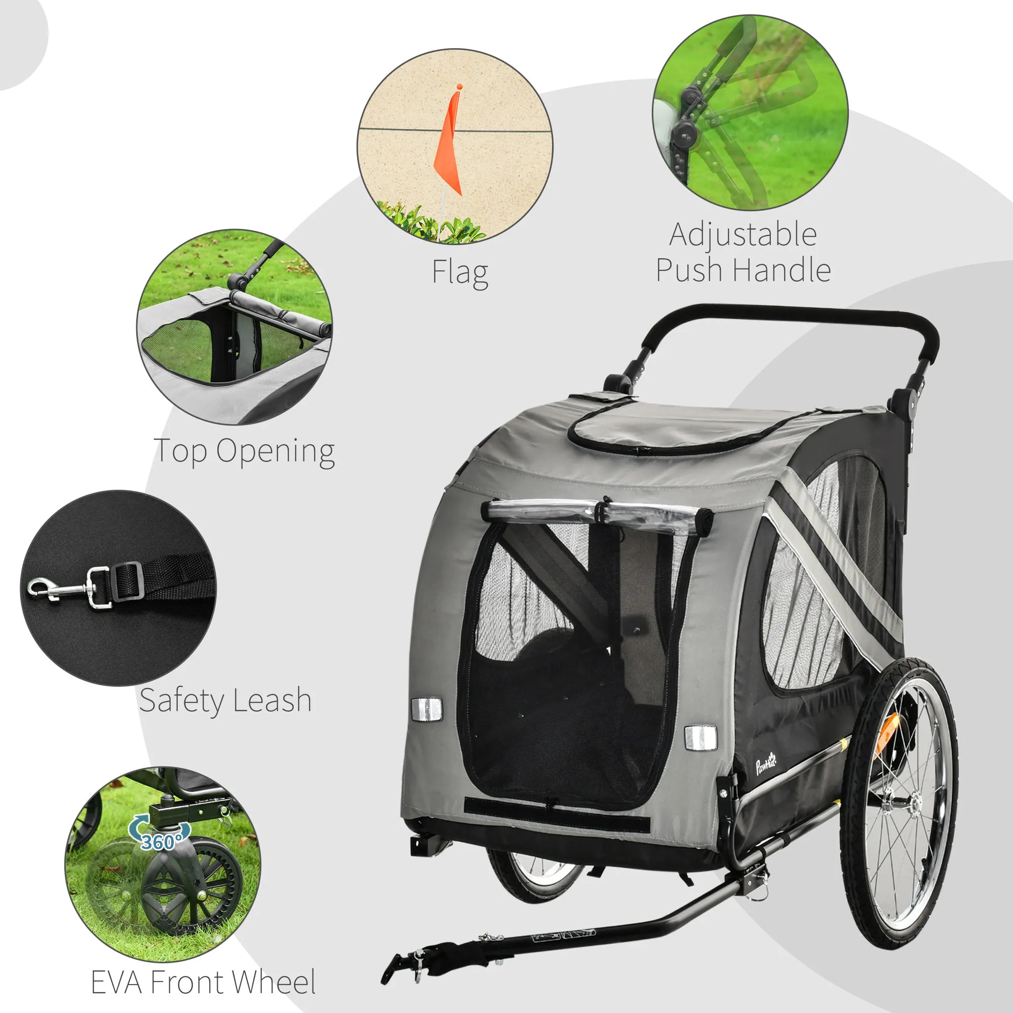 PawHut 2-In-1 Grey Dog Bike Trailer Stroller w/ Universal Wheel Reflector Flag