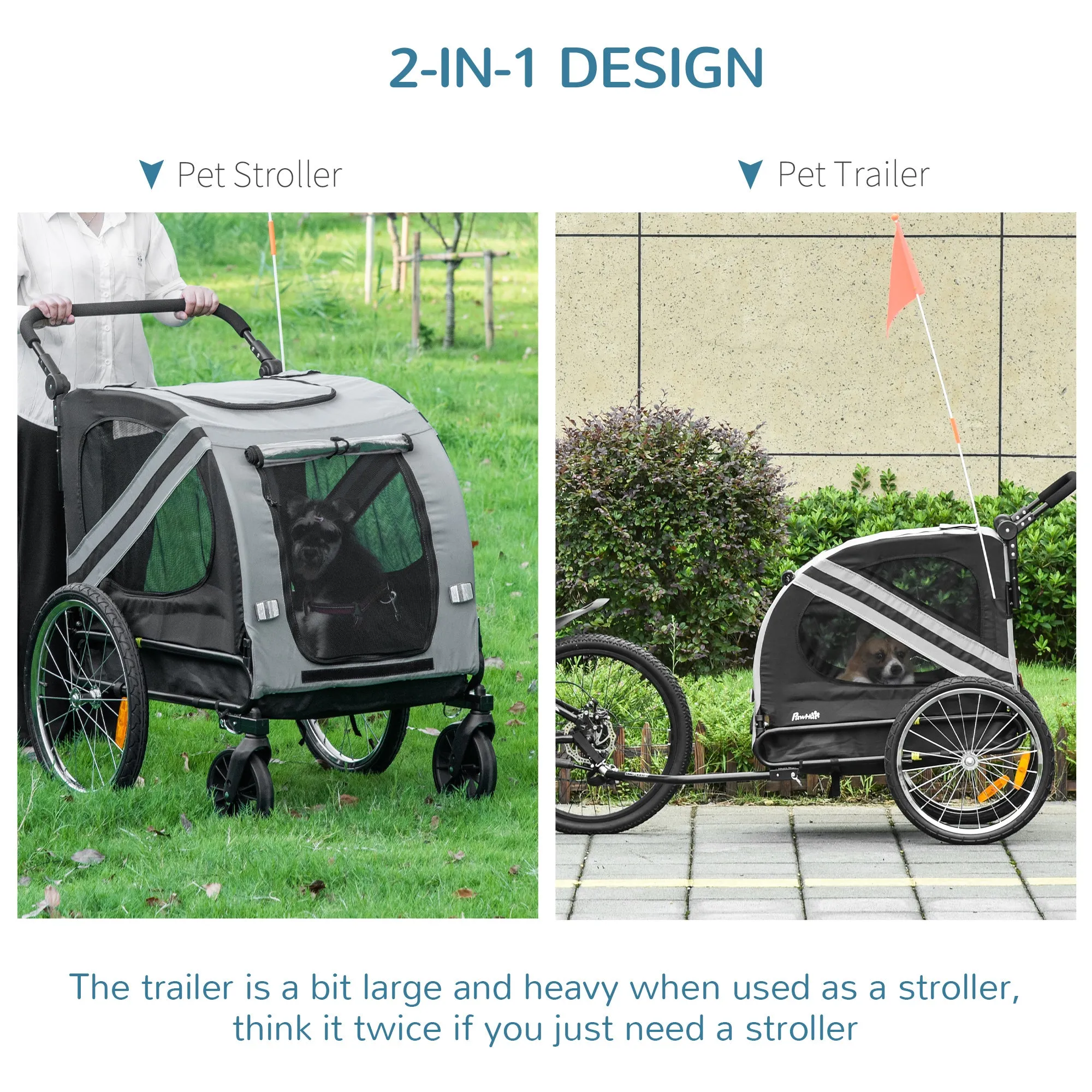 PawHut 2-In-1 Grey Dog Bike Trailer Stroller w/ Universal Wheel Reflector Flag