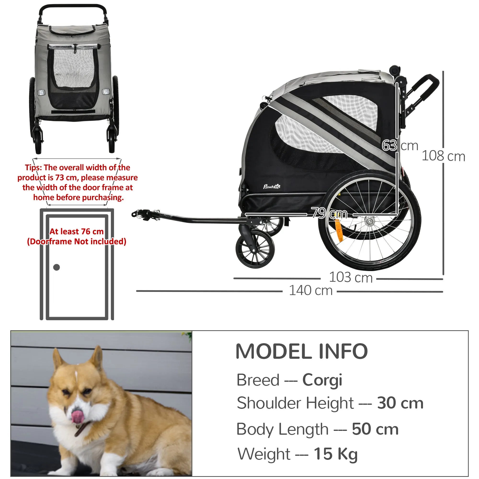 PawHut 2-In-1 Grey Dog Bike Trailer Stroller w/ Universal Wheel Reflector Flag