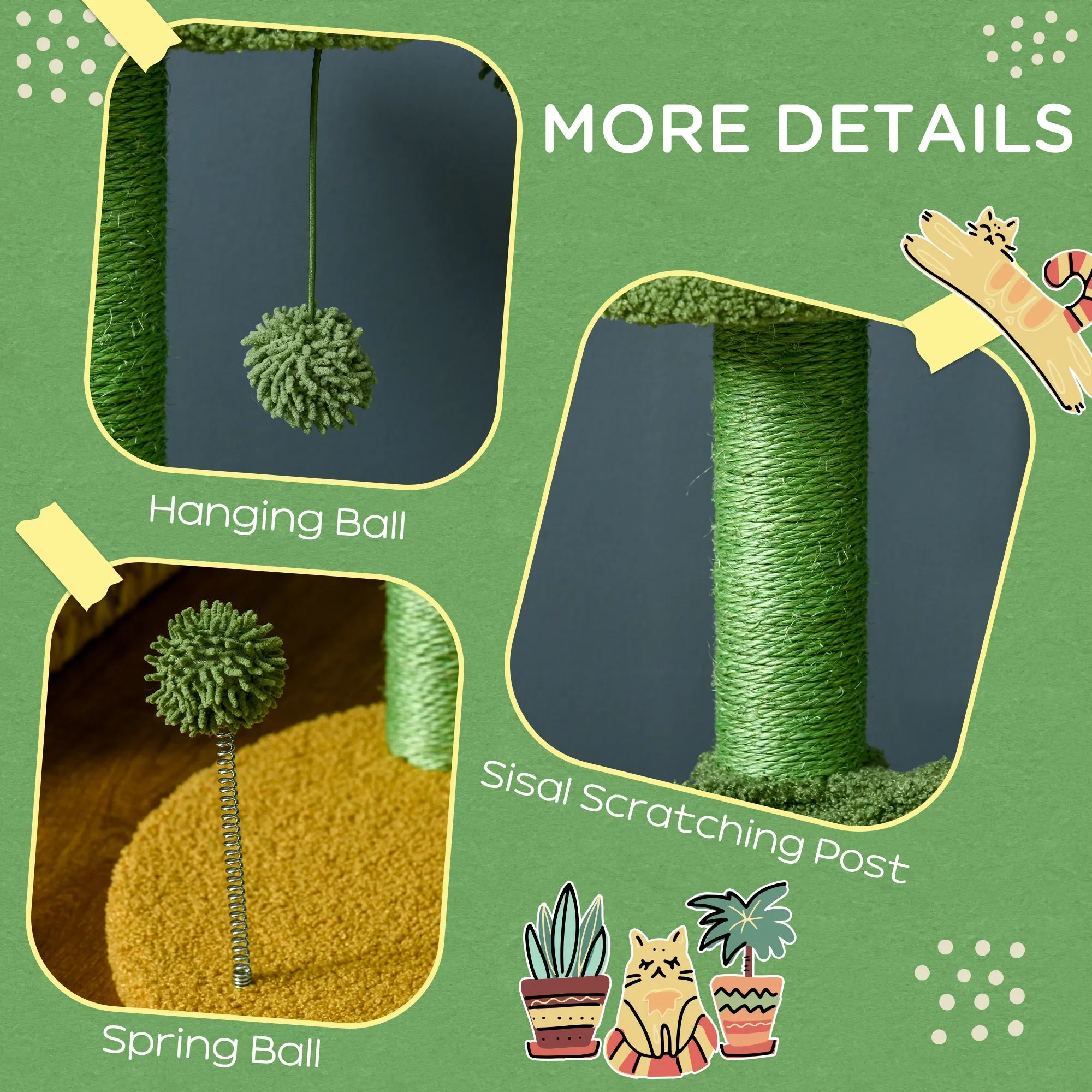 PawHut Cactus Tree for Indoor Cats, Modern Cat Tower with Hammock, Green