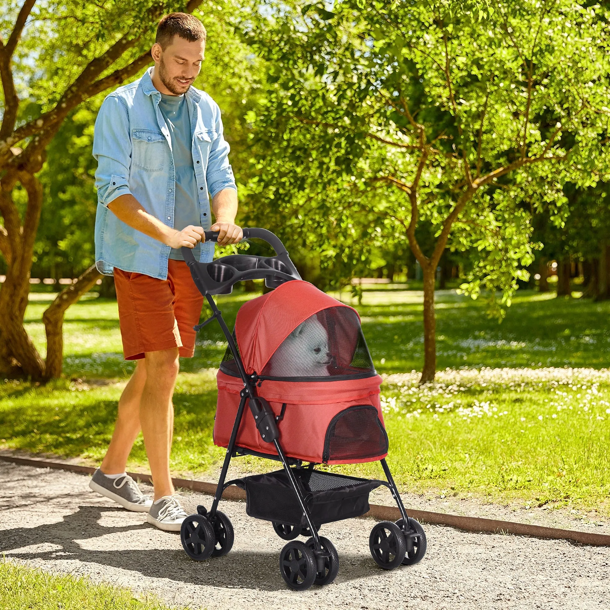 PawHut Pet Stroller Foldable Travel Carriage with Brake Basket Canopy
