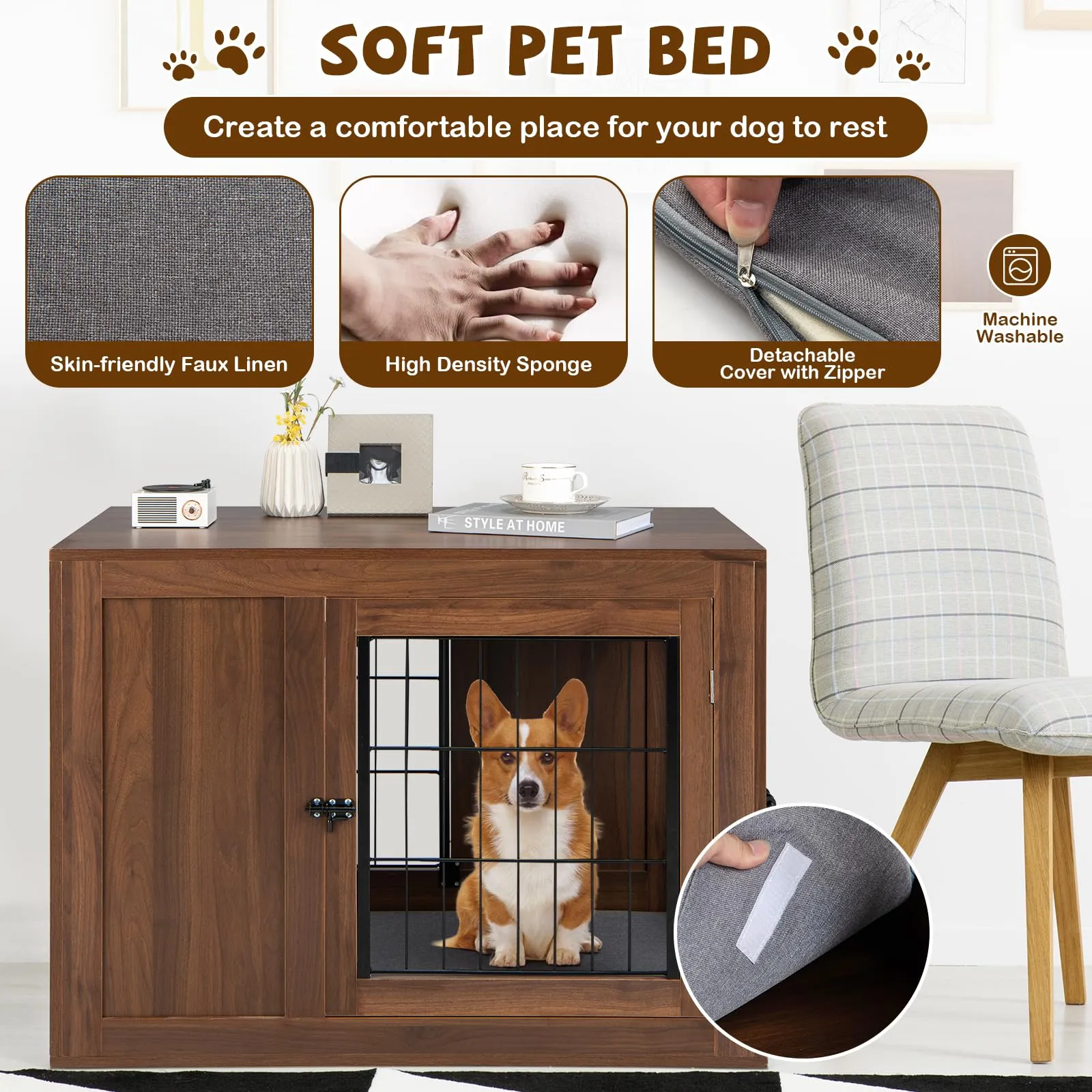Tangkula Dog Crate Furniture, Pet Crate End Table with Cushion