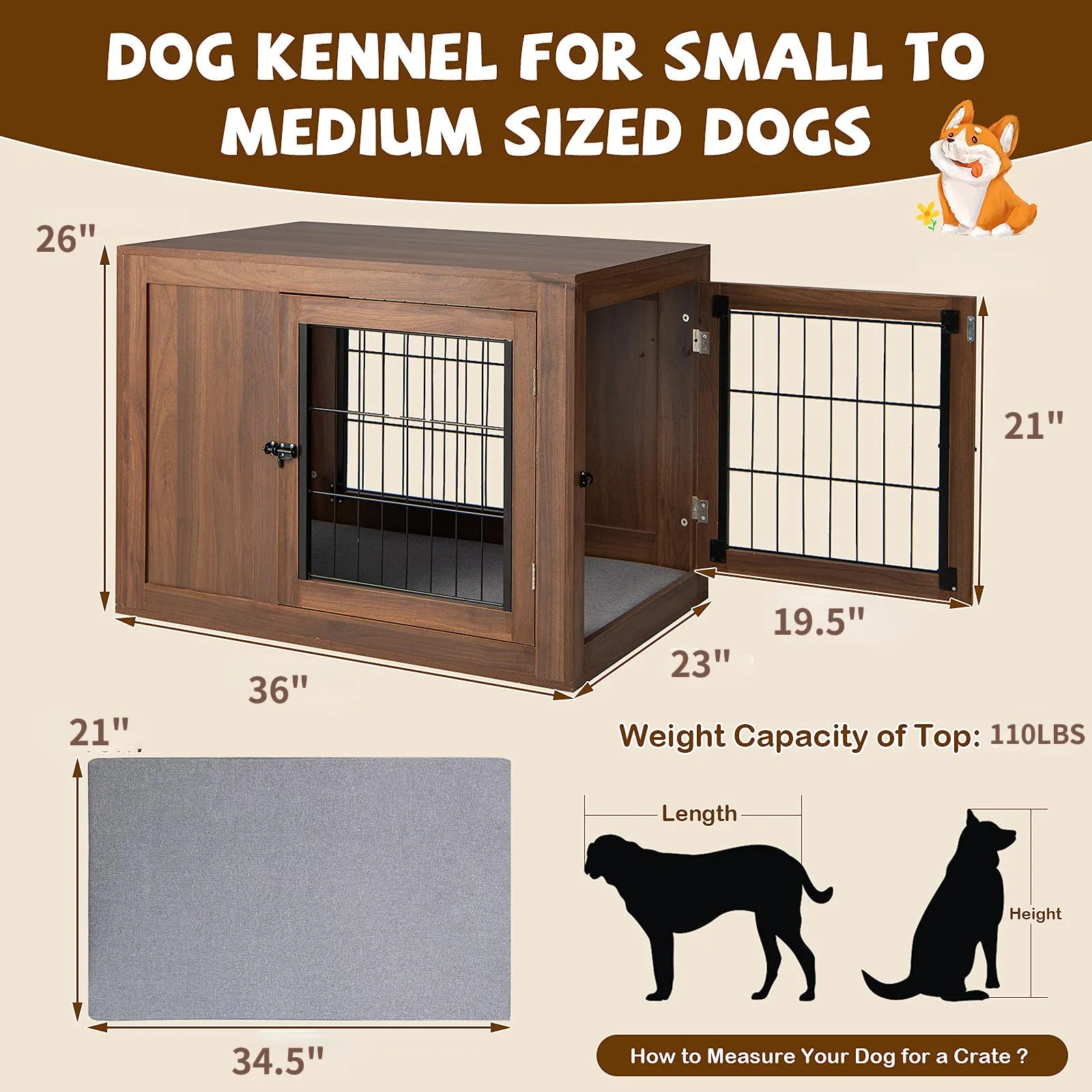 Tangkula Dog Crate Furniture, Pet Crate End Table with Cushion